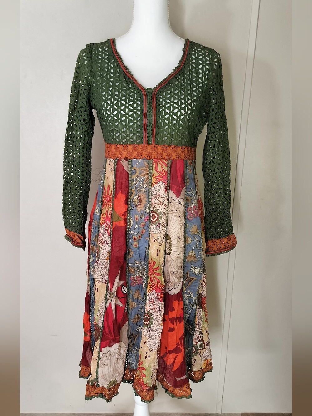 Crochet Bodice Patchwork Long Sleeve Dress - Green